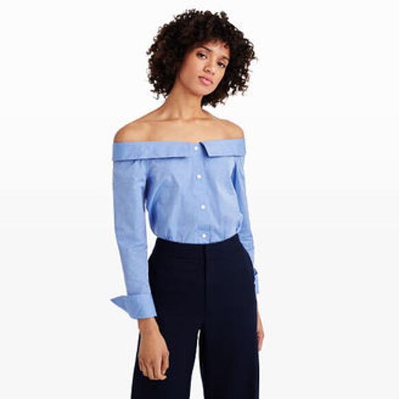 Club Monaco Jearim Off Shoulder Button Down Top Size 6 Blue Collared Shirt - Picture 2 of 10